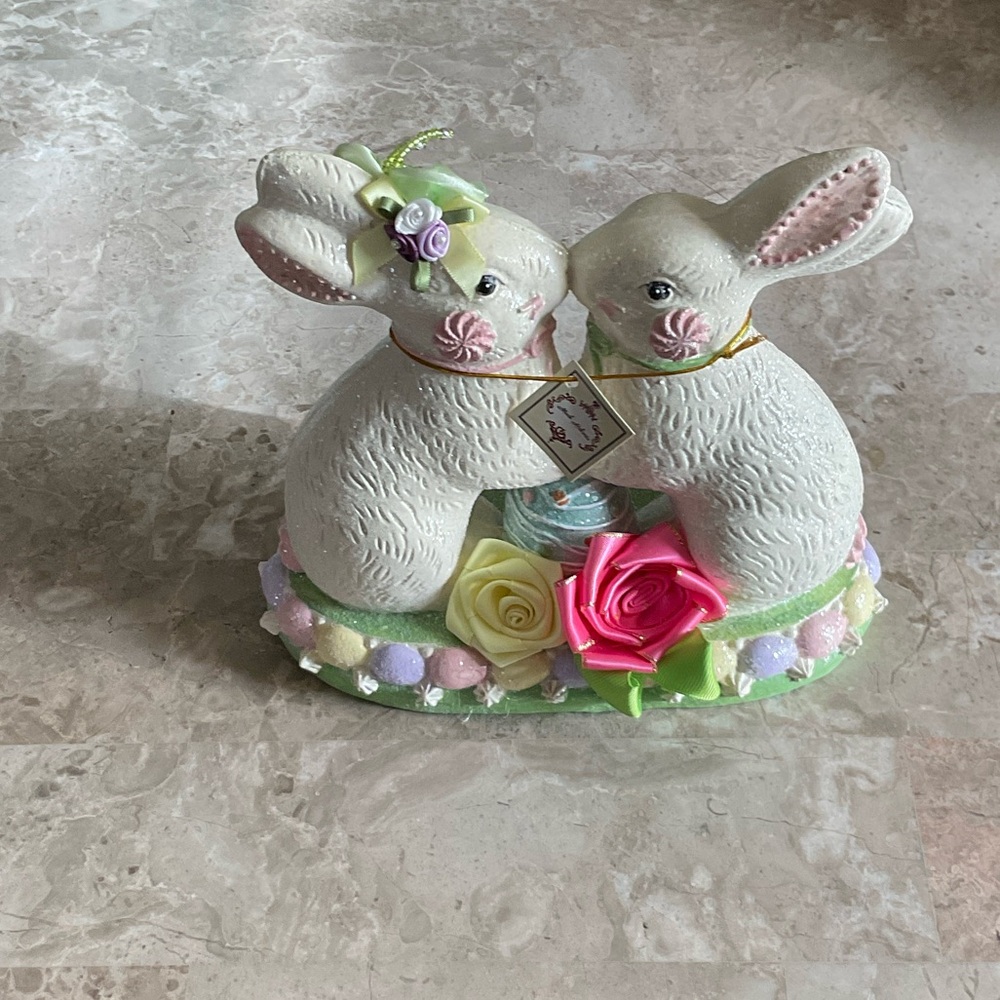 MARK ROBERTS Easter Bunny Couple Figurine with Pastel Flowers